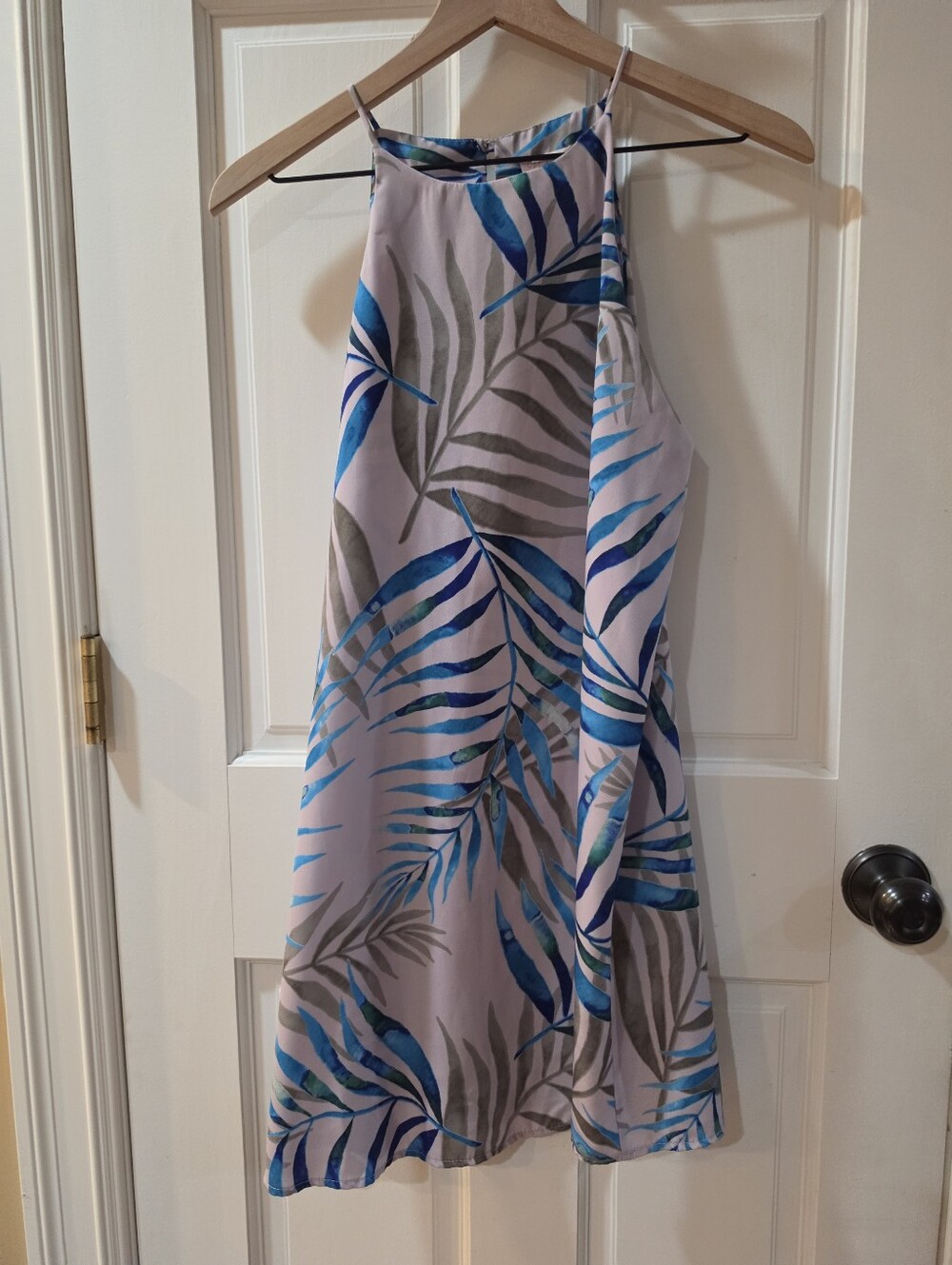 Pink Lily Lavender Palm-Print Halter Dress with Blue Leaves
